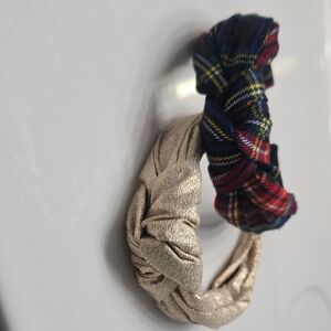 J. Crew Metallic Gold and Tartan Plaid Knotted Headbands (come as a set)